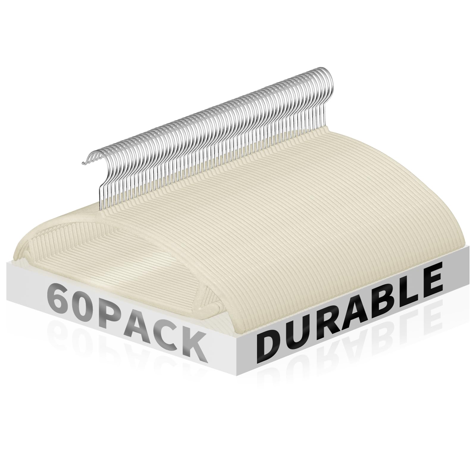 Jiang&Rong Paquete de 60 perchas de terciopelo beige, perchas para trajes, ultra finas que ahorran espacio, perchas antideslizantes para ropa, perchas redondeadas para suéter, chaquetas, pantalones,