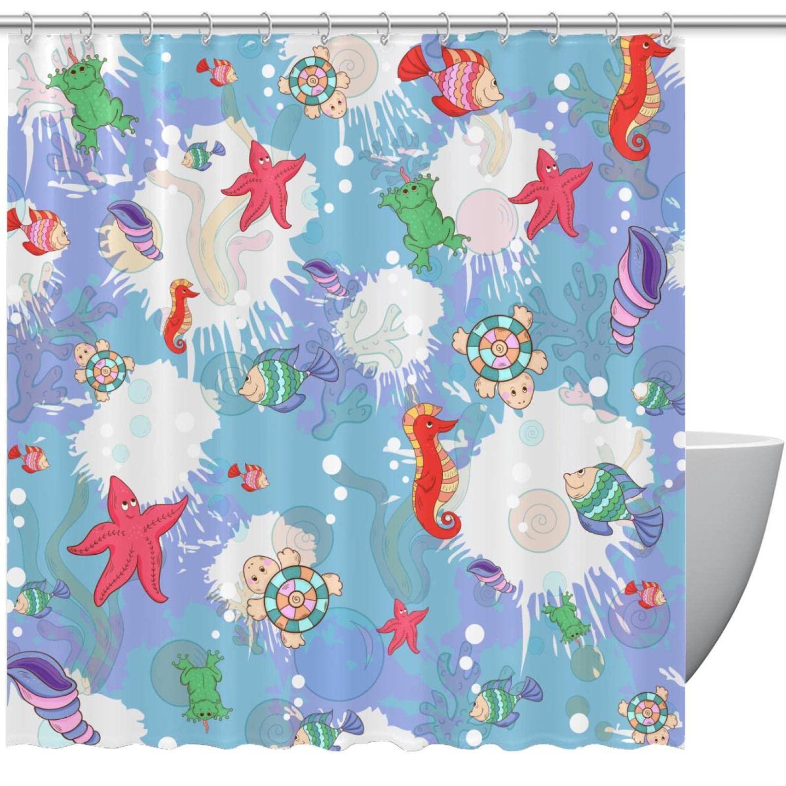 Rideau de douche étanche motif hippocampe et conque en textile lavable avec 12 œillets