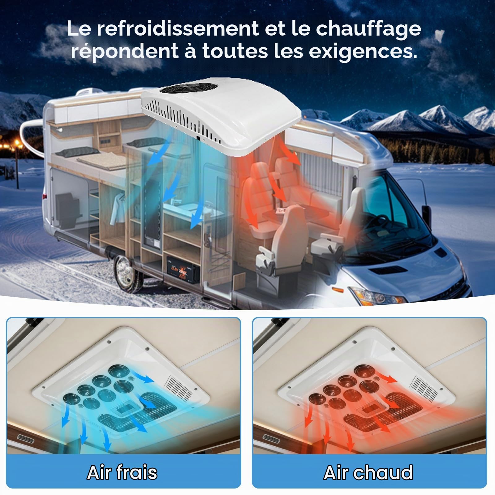 Climatiseur de Toit 12V pour Camping-Cars/Climatiseur 12V pour Camping-Cars, 8800 BTU Chauffage et Refroidissement, Fonctionnement Silencieux, Montage Facile, Convient aux Camping-Cars, Camions