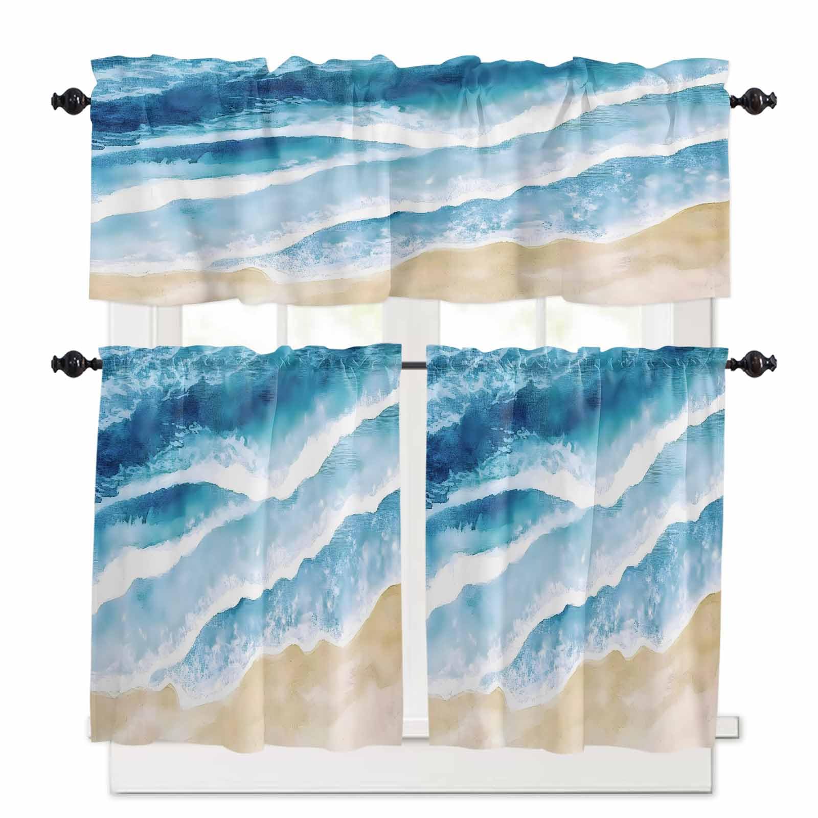 Blue Waves Coastal Kitchen Curtains 24 Inch Length, 3 Piece Rod Pocket Small Half Tiers and Valance Set, Summer Beach Nautical Ocean Small Large Window Treatment Decor for Bedroom/Bathroom Sink
