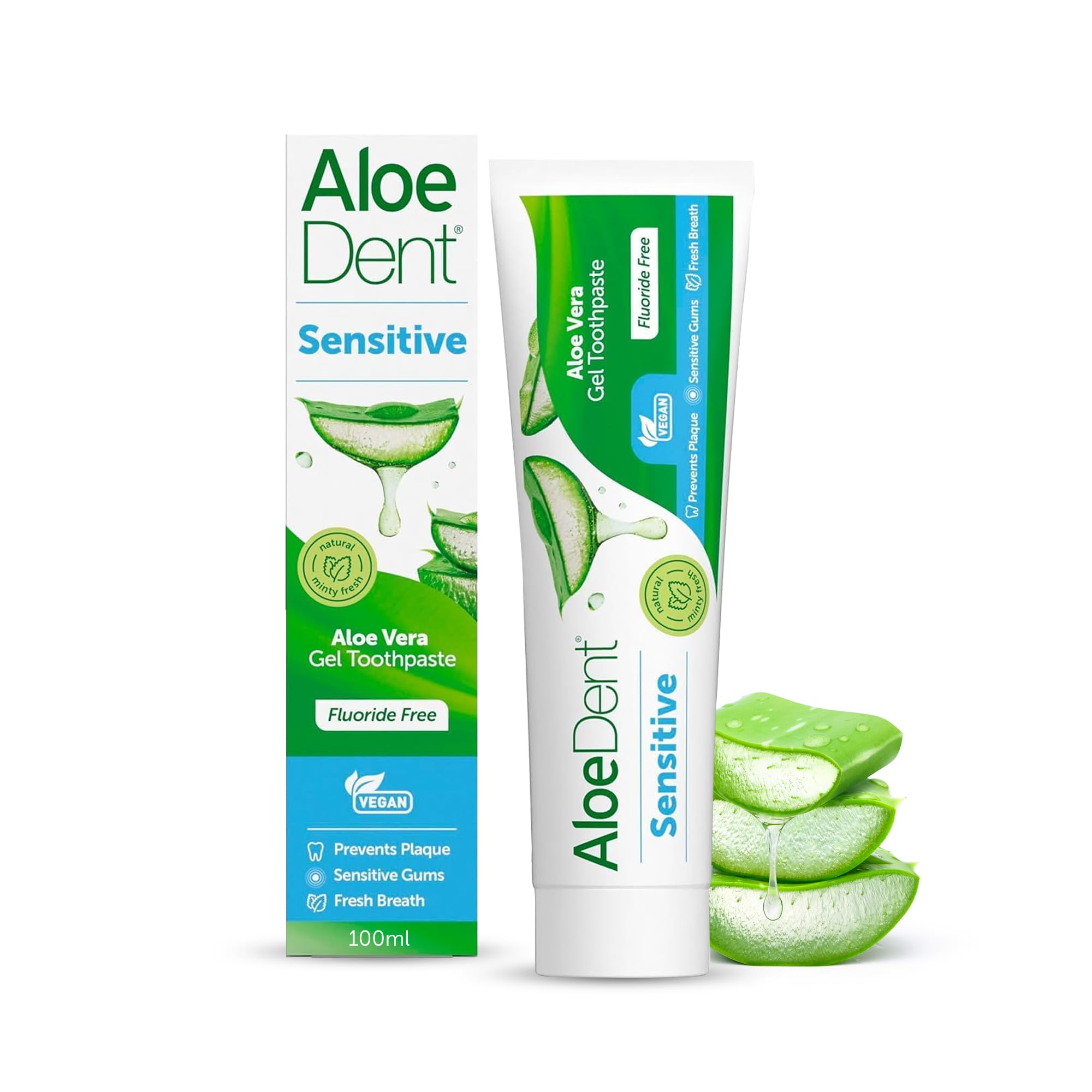 Aloe Dent Sensitive Aloe Vera Toothpaste Fluoride Free, Natural Action, Vegan, Cruelty Free , Soothing, Healthy Gums , 100 ml, packaging may vary