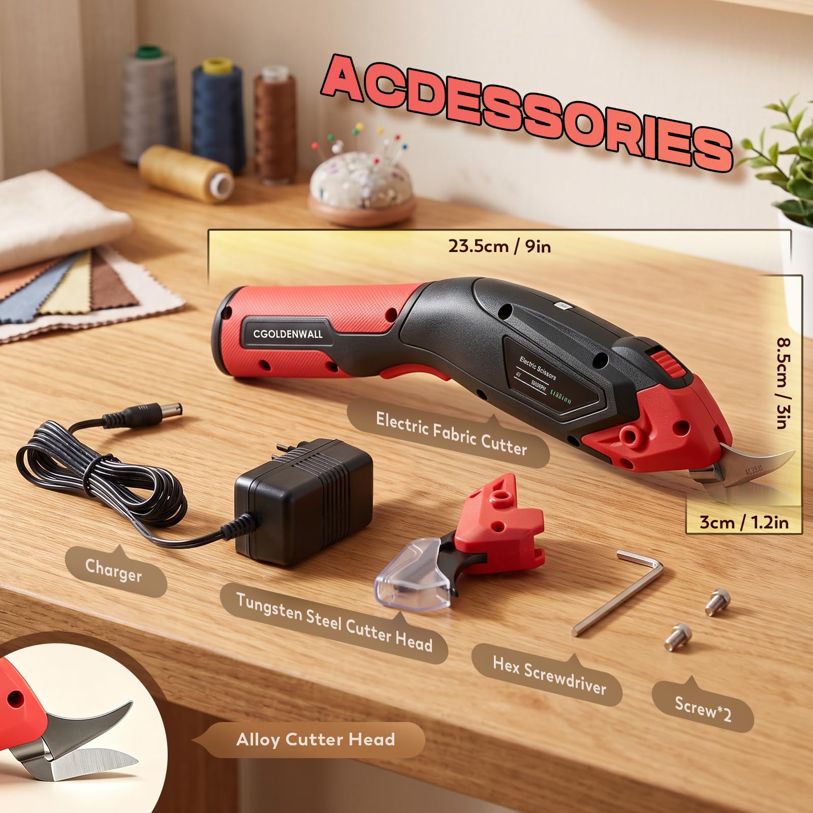 CGOLDENWALL Cortador Tela Electrico Inalambrico 4V, Cuero Papel Alfombra | Recargable, 2 Cuchillas Repuesto, Max 6mm, Enfriamiento, 330g Ligero, Rojo