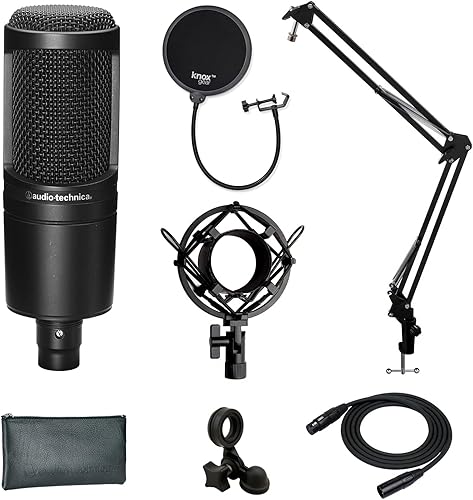 Audio-Technica Micrófono de estudio de condensador AT2020 con filtro de engranajes Knox, brazo de pluma, cable y paquete de montaje de choque (5