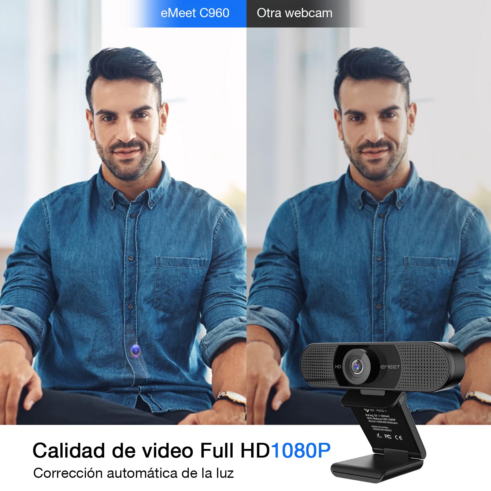EMEET Webcam 1080P con Micrófono C960 Cámara Web de Transmisión de 2 Micrófonos con Cubierta de Privacidad, Vista de 90°, Webcam USB Plug & Play para Llamadas/Conferencias, Zoom/Skype/Youtube