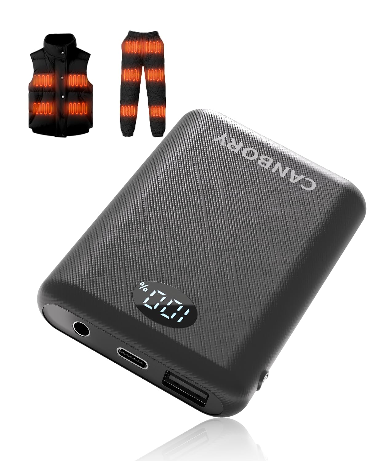 CANBORY Heated Vest Battery Pack,𝟏𝟎𝟎𝟎𝟎𝐦𝐀𝐡 5V 2A/3A 10000 Mah Ultra Light Small Power Bank for Heated Vests, Jackets with LED Display | 7.4V 3A