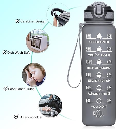 Miniatura 4 de Botella de agua deportiva motivacional a prueba de fugas de 32onzas con pajilla y marcador de tiempo, botella abatible duradera sin bisfenol A,