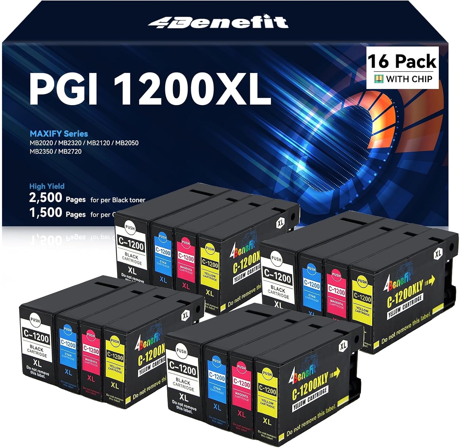 PGI1200XL PGI-1200XL Ink Cartridges 16-Pack Replacement for Canon 1200XL Ink Cartridges PGI-1200 for Maxify MB2720 MB2120 MB2020 MB2050 MB2320 MB 2720 2120 Printer (4Black, 4Cyan, 4Magenta, 4Yellow)