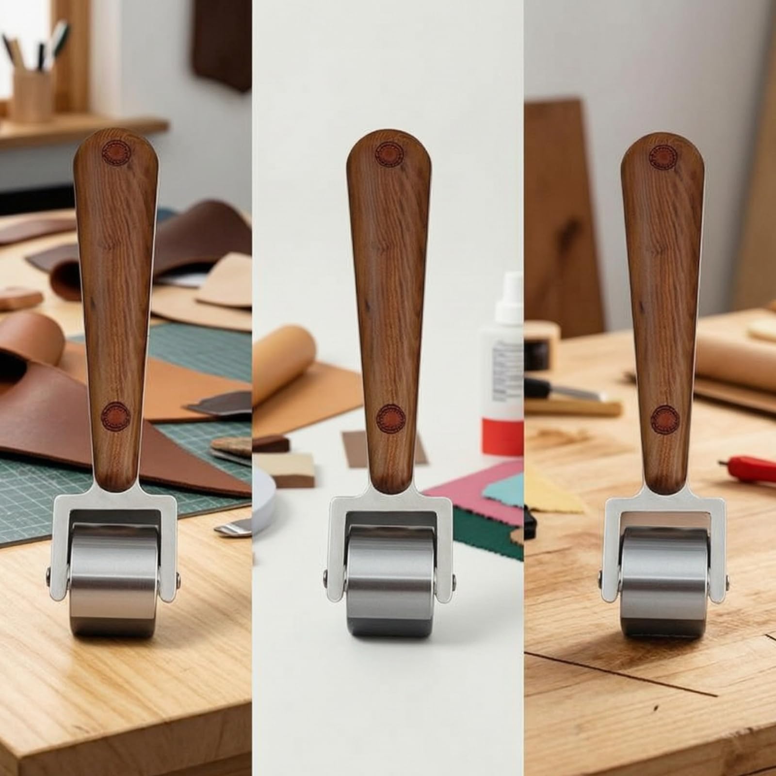 Rodillo de Borde para Cuero Rodillo Prensador Alisador Herramienta Cabeza de Acero Inoxidable y Mango de Madera Ergonómico Adecuado para Marroquinería Manualidades Taller Bricolaje