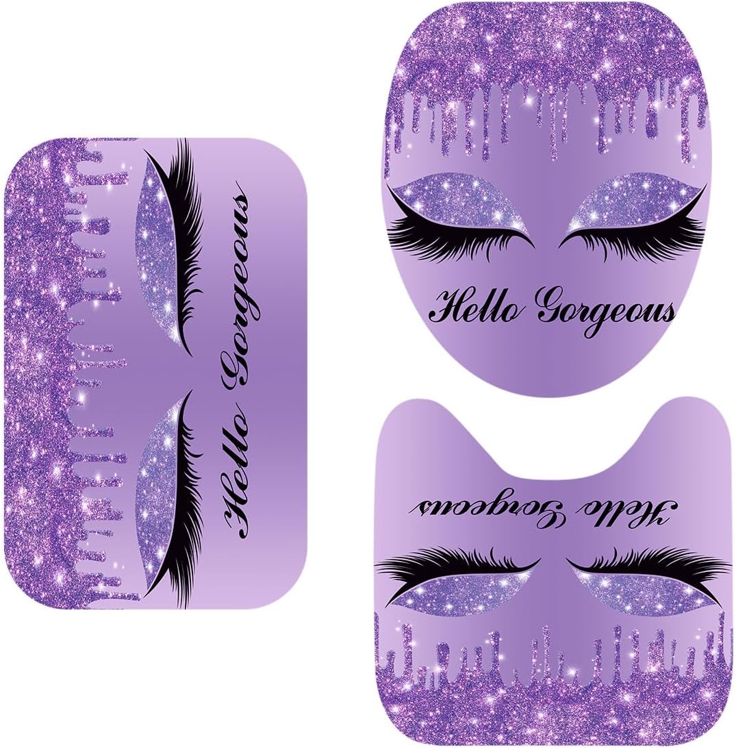 3 Piece Hello Gorgeous Bathroom Rugs Set, Violet Purple Bathroom Sets with Bath Mat, Toilet Lid Cover and U Shaped Rug, Non-Slip, Absorbent Soft Flannel Bath Rugs for Tub and Shower RSETLSGE1