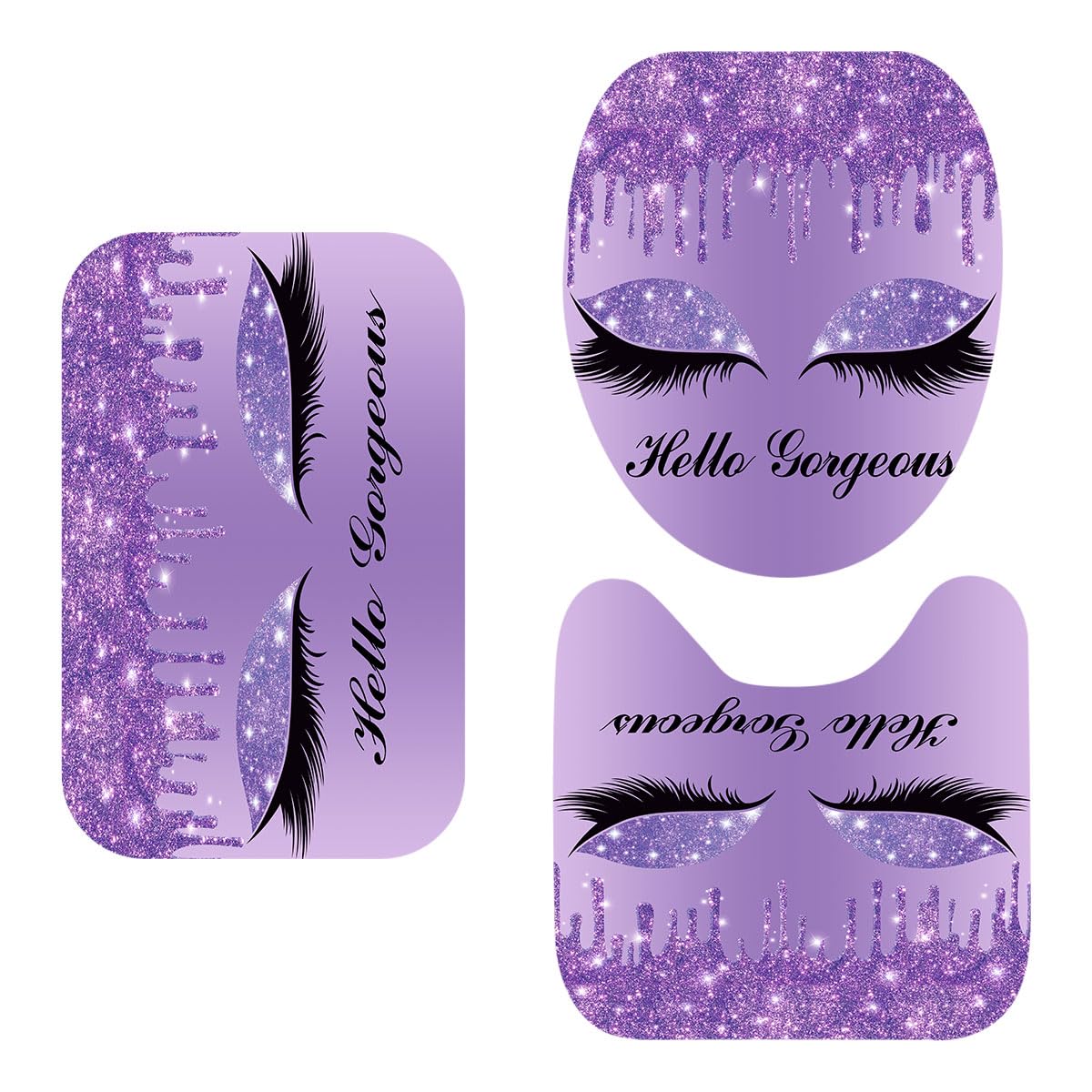GURETER 3 Piece Hello Gorgeous Bathroom Rugs Set, Violet Purple Bathroom Sets with Bath Mat, Toilet Lid Cover and U Shaped Rug, Non-Slip, Absorbent