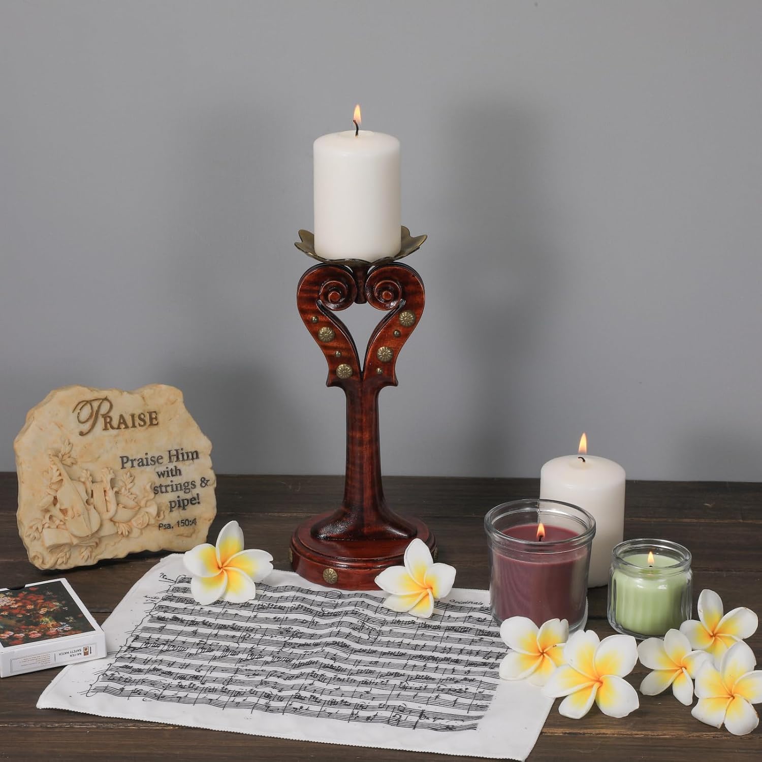 Handcrafted Wooden Violin Candle Holder，Multi-Use Candle Stand, Incense & Jewelry Organizer - Solid Wood Decor, Music Lover Gift, Handmade by Violin Artisans (Bronze Lotus Tray)