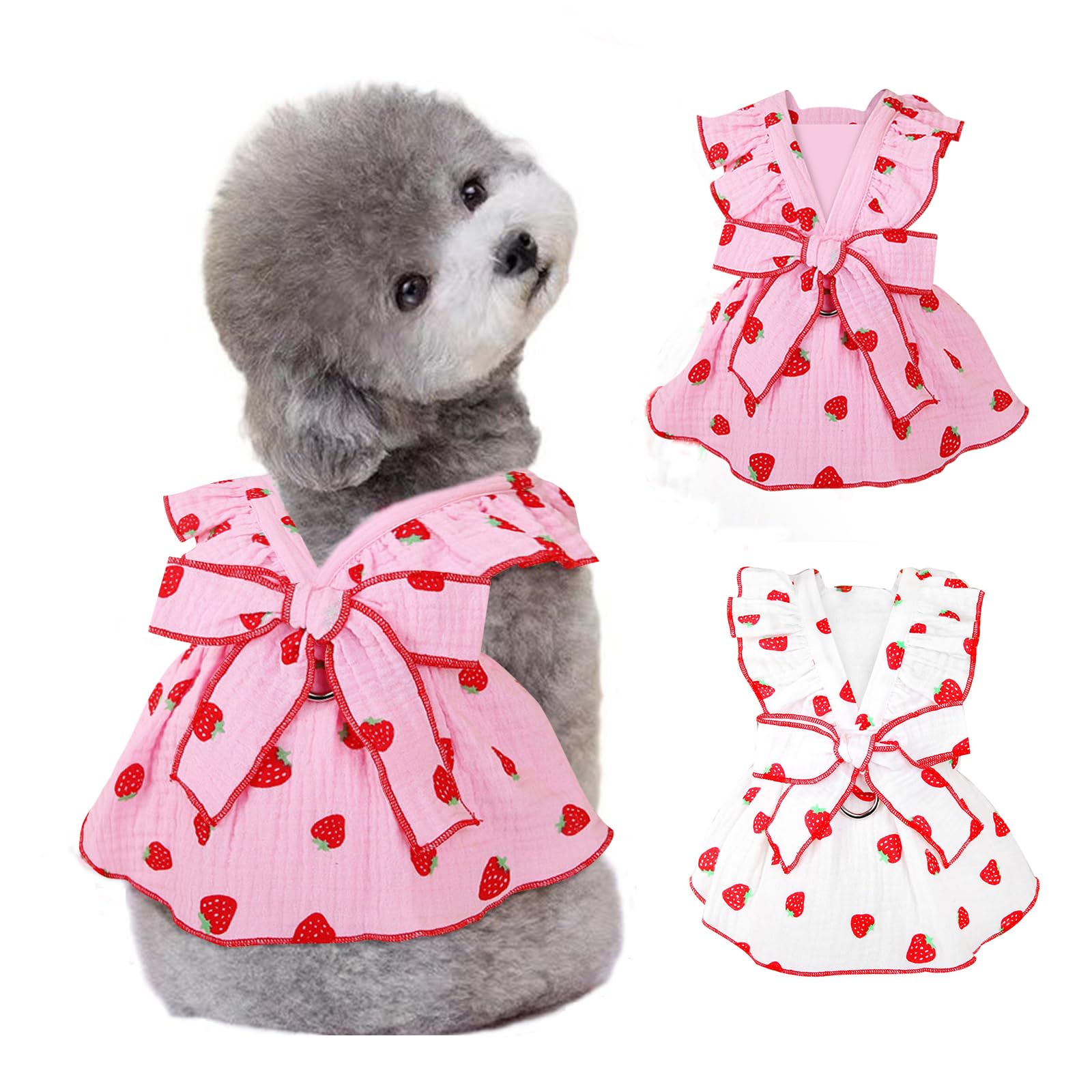 2 Pack Dog Dresses for Small Medium Dogs Girl, Cute Cotton Girl Dog Clothes with Leash Ring & Bow Decor,Pink & White Yorkie Chihuahua Clothes