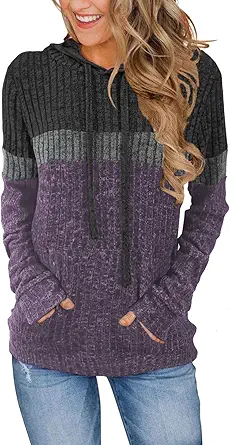 MixShe Women’s Color Block Knit Hoodie – Casual Long Sleeve Pullover Sweater Tops with Pocket