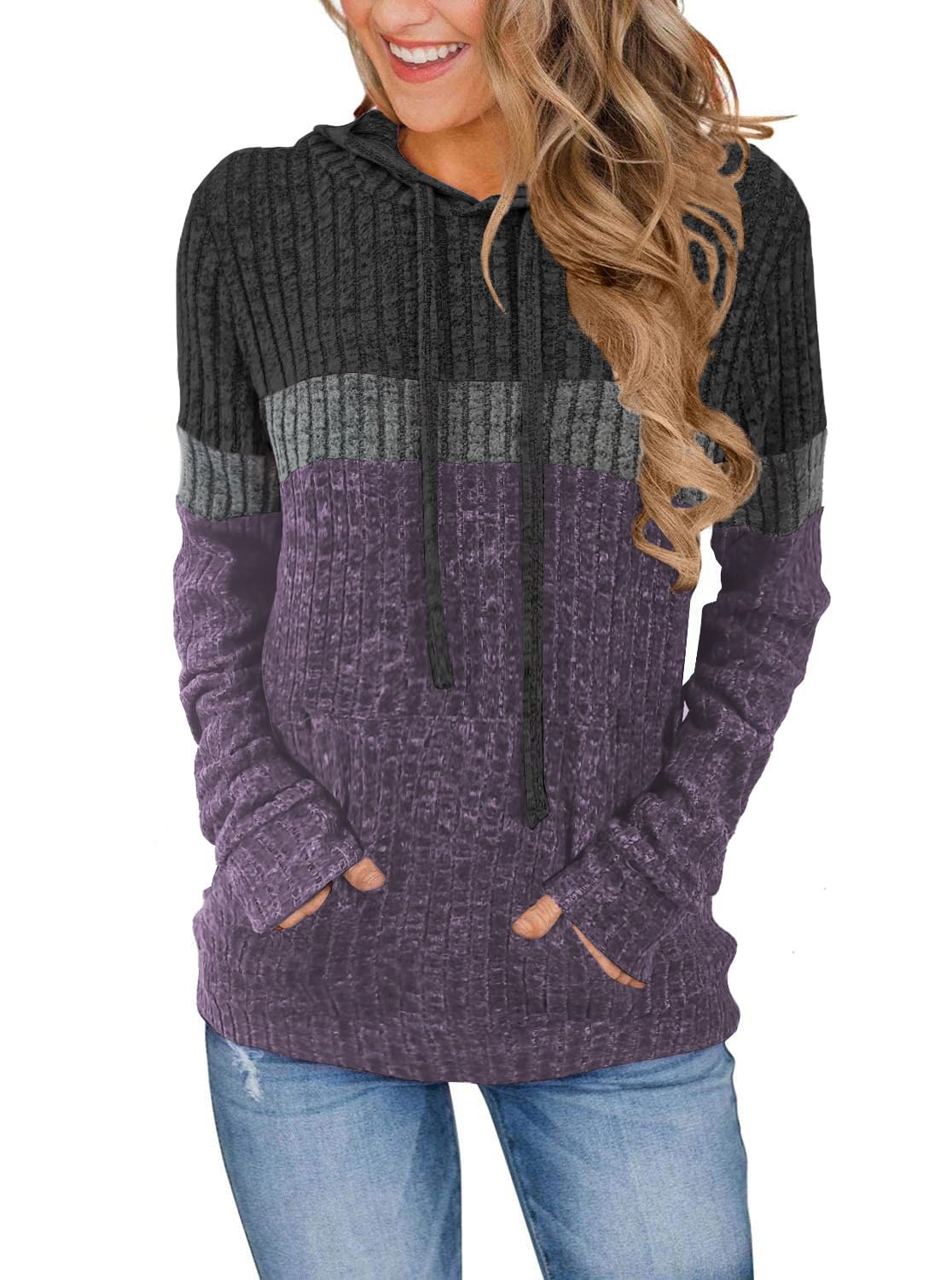MixShe Womens Color Block Knit Hoodie Casual Long Sleeve Pullover Sweater Tops with Pocket