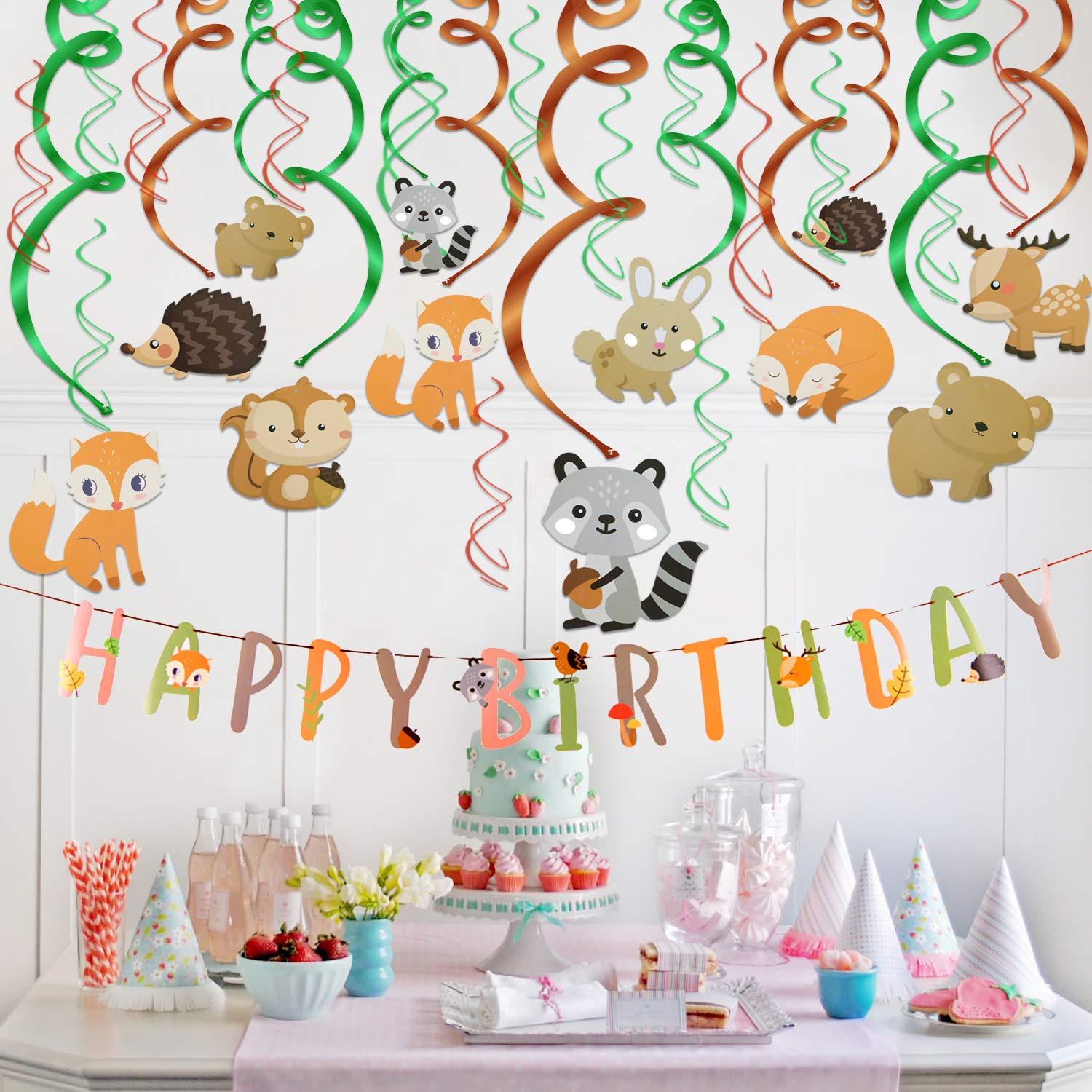 HOWAF Jungle Animals Party Hanging Swirl Decorations (30 Pack) and Happy Birthday Banner Animals