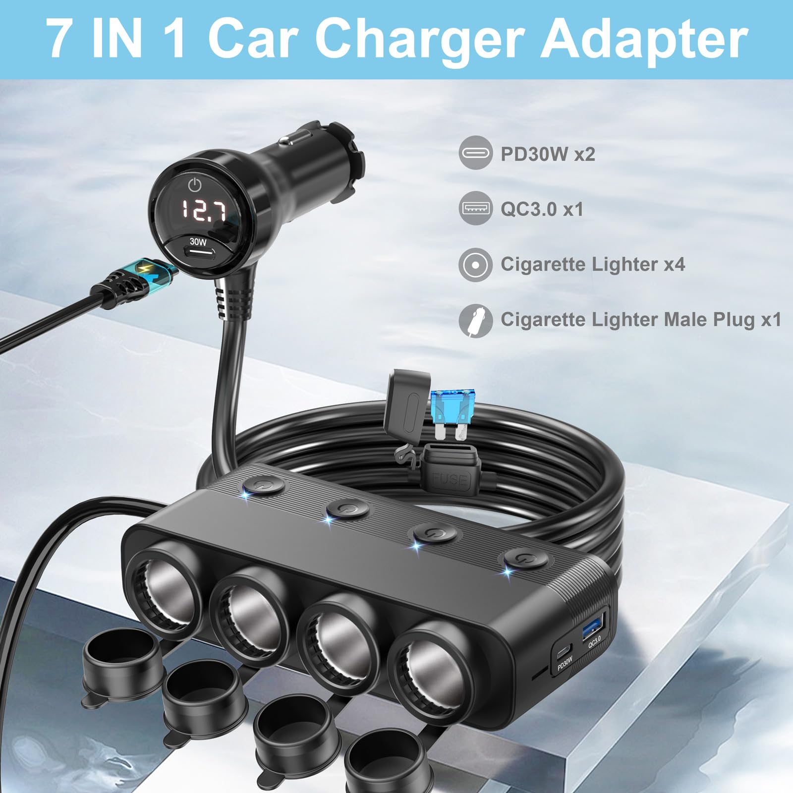 Presa Accendisigari Sdoppiatore da Auto: Qidoe 300W 4-Prese e Doppia PD 30W e QC 3.0 Adattatore Splitter per Auto con Interruttore Indipendente e LED Voltmetro per Tutti i Dispositivi dell'auto