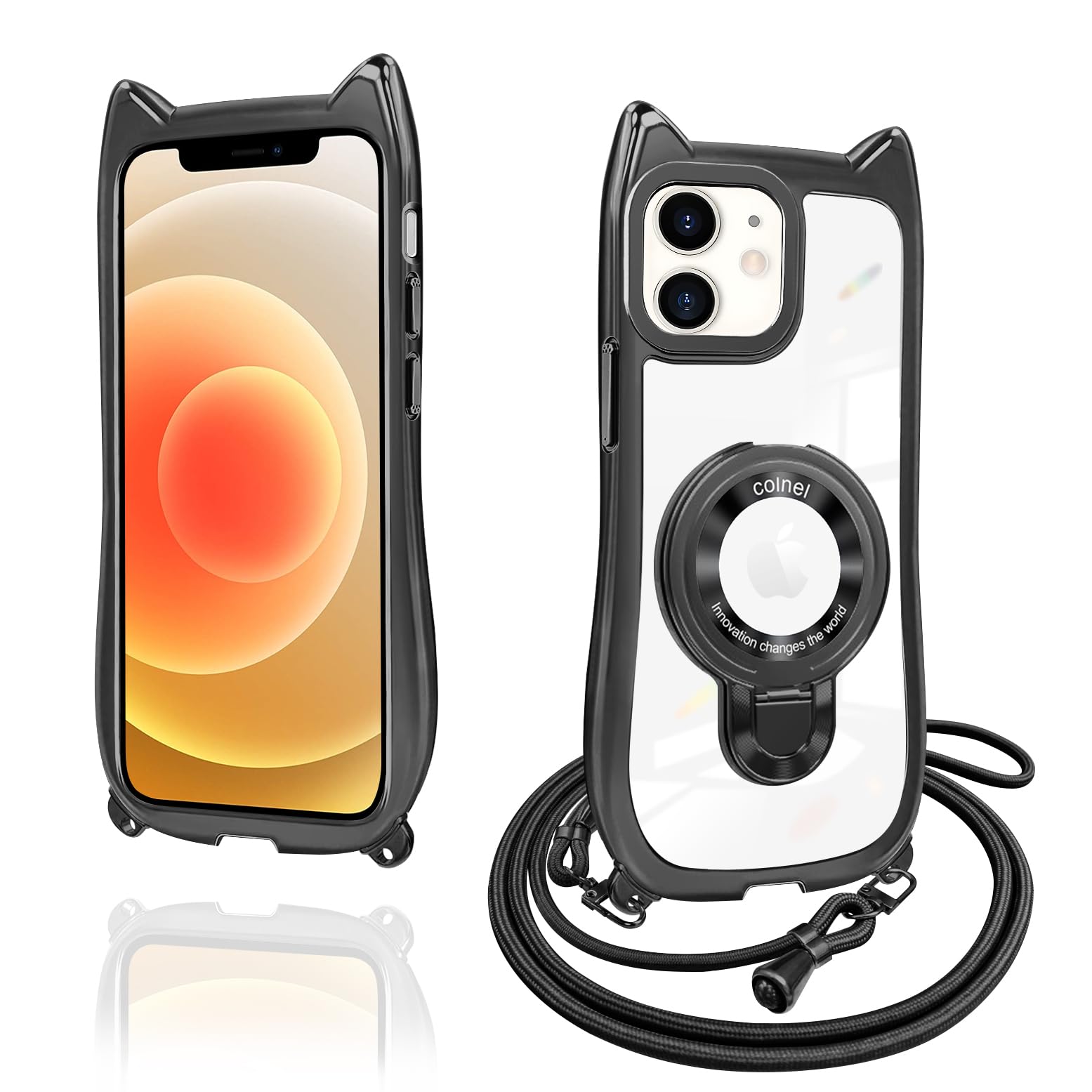 iPhone12/iPhone12 Pro ケース クリア リング付き 猫耳 ネコミミ TPU MagSafe対応 ワイヤレス充電 iphone 12 pro カバー 透明 アイフォン12 pro スマホケース ネック ショルダー 肩掛け 首掛け 斜めがけ 紐付き 長さ調整可能 韓国 かわいいファッション 耐衝撃 多機能 マグネット搭載 縦横両対応 車載対応 薄型 軽量 落下防止（ブラック）