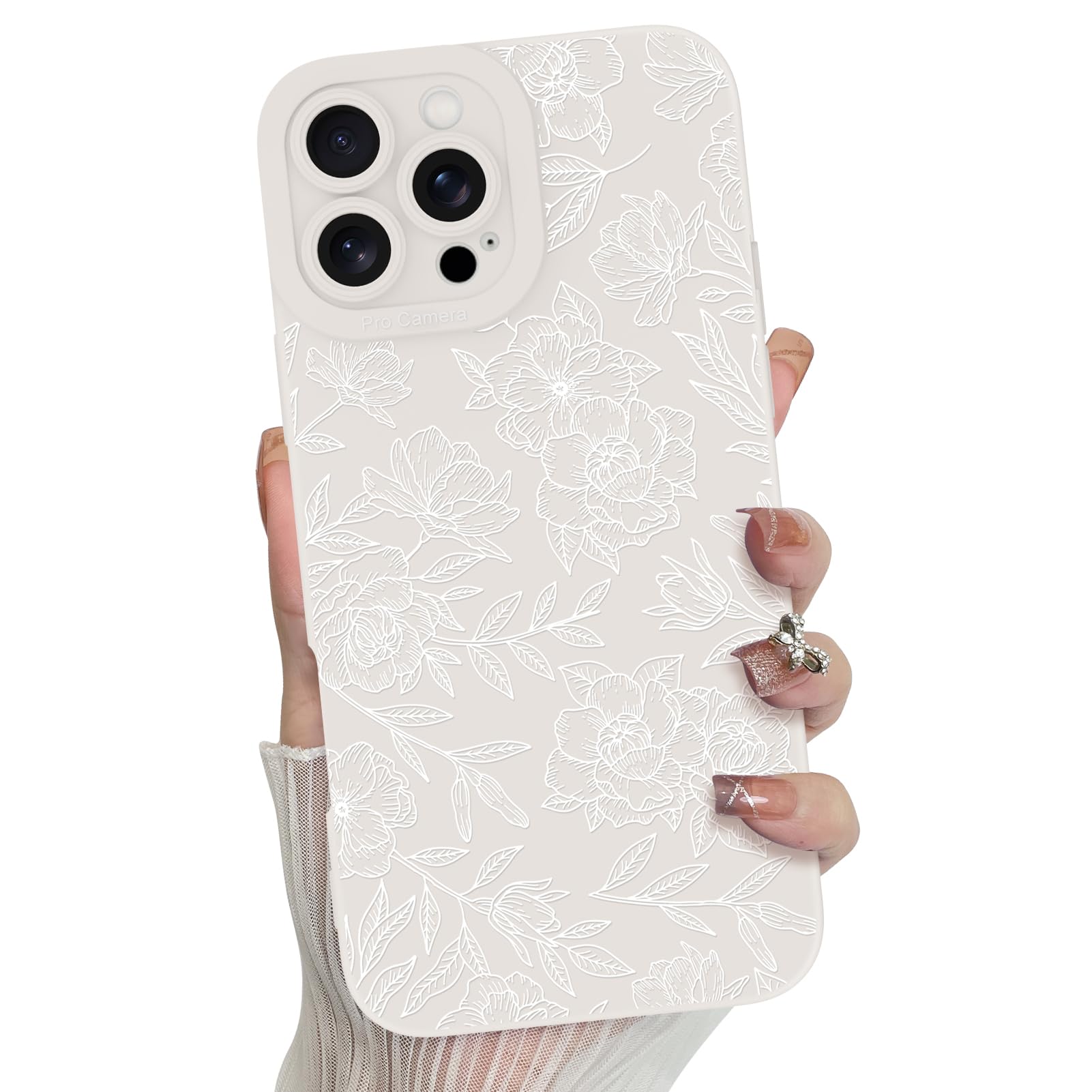 MZELQ for iPhone 16 Pro Case, Silicone Floral Flower Rose Cute Pattern, Camera Protection Soft Slim Phone Case for Phone Case -White