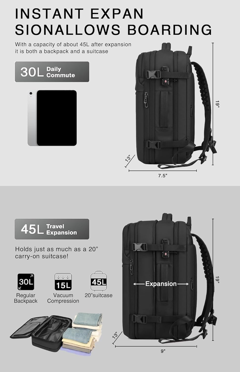 Vacuum Seal Travel Backpack 45L with Pump - Expandable Air Compression System, Water-Resistant Business TSA Lock, Laptop Backpack, Carry-On Suitcase Luggage, Gifts for Men - Image 7