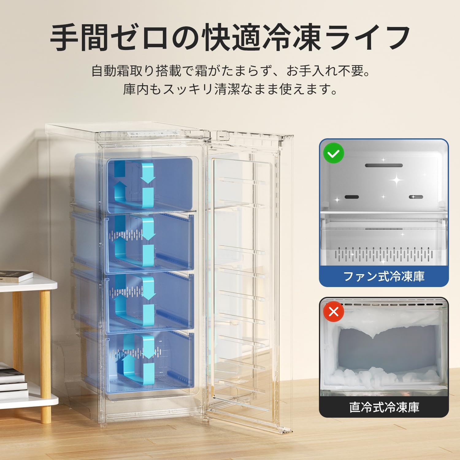 SAMKYO 70L 冷凍庫 スリム 幅35.6cm 霜取り不要 ファン式 冷凍ストッカー 急速冷凍 -27℃ 5段階温度調節 前開き 省エネ 静音 セカンド冷凍庫 家庭用 ZU70SD ブラック - 5