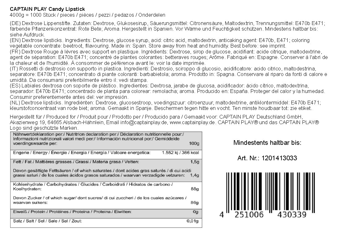 CAPTAIN PLAY Candy Lipstick, 1.000 Stück Süßwaren Lippenstift, Karneval Wurfmaterial, Süßigkeiten Großpackungen