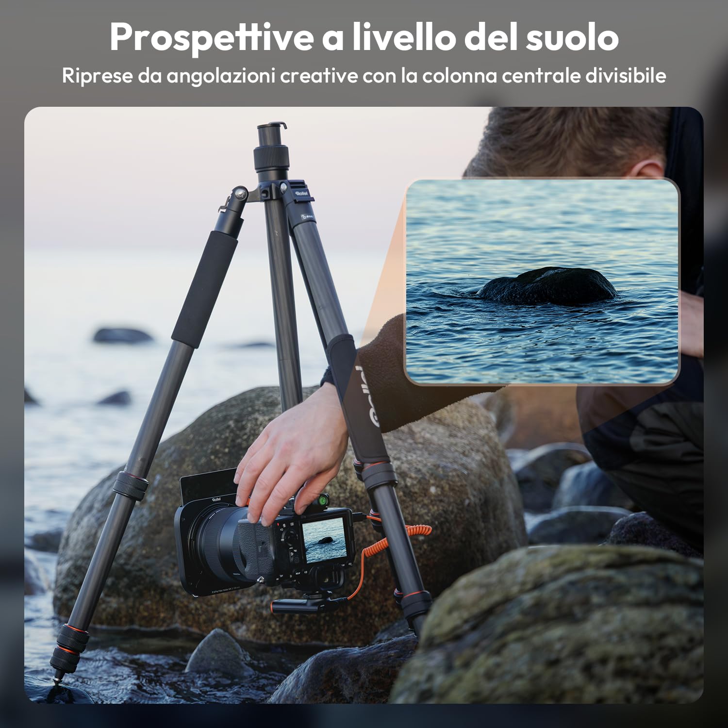 Rollei C6i Treppiede Fotocamera Nero, 171,5cm Cavalletto Fotografico Carbonio Viaggio con Testa Sfera a 360° Tripod Camera per Sony Canon Nikon DSLR Treppiede per Smartphone con Supporto per Telefono