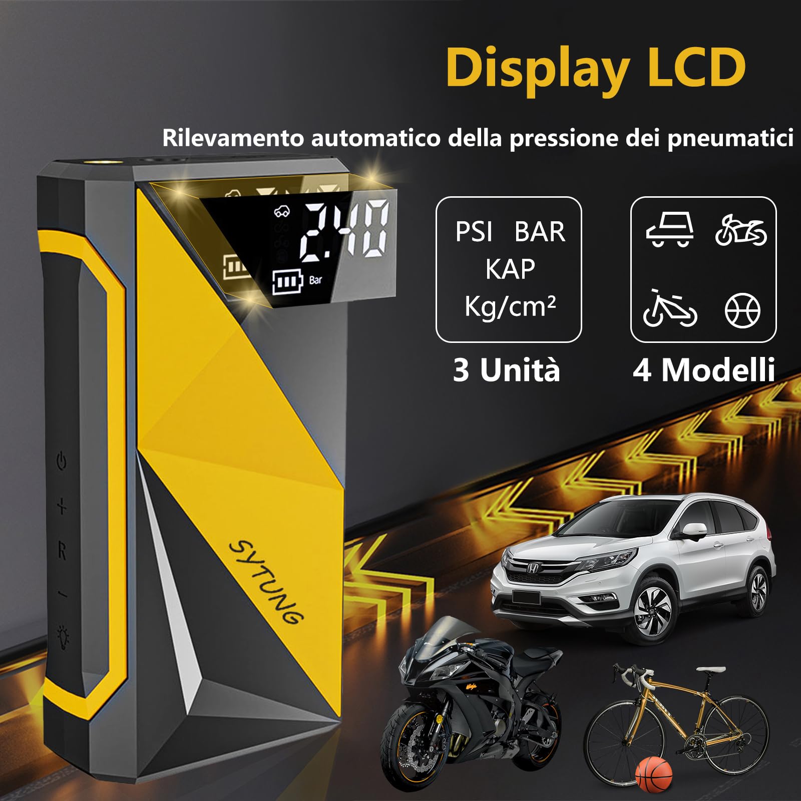 SYTUNG Compressore Aria Portatile 150PSI Compressore d'Aria per Pneumatici Cordless Ricaricabile con Batteria da 6000mAh Display Digitale Luce a LED, Adatto per Pneumatici Auto e Altri Gonfiabili