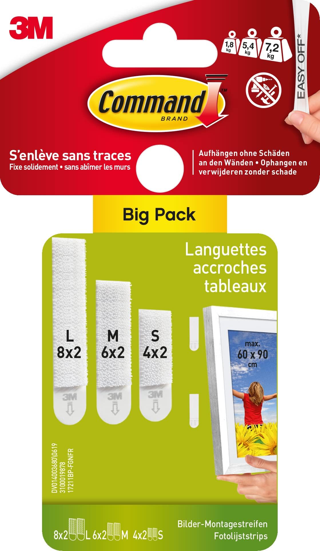 32 Languettes Adhésives Command Pour Accrocher Tableaux Et Cadres, Sans Résidu, Taille Large Et Moyen