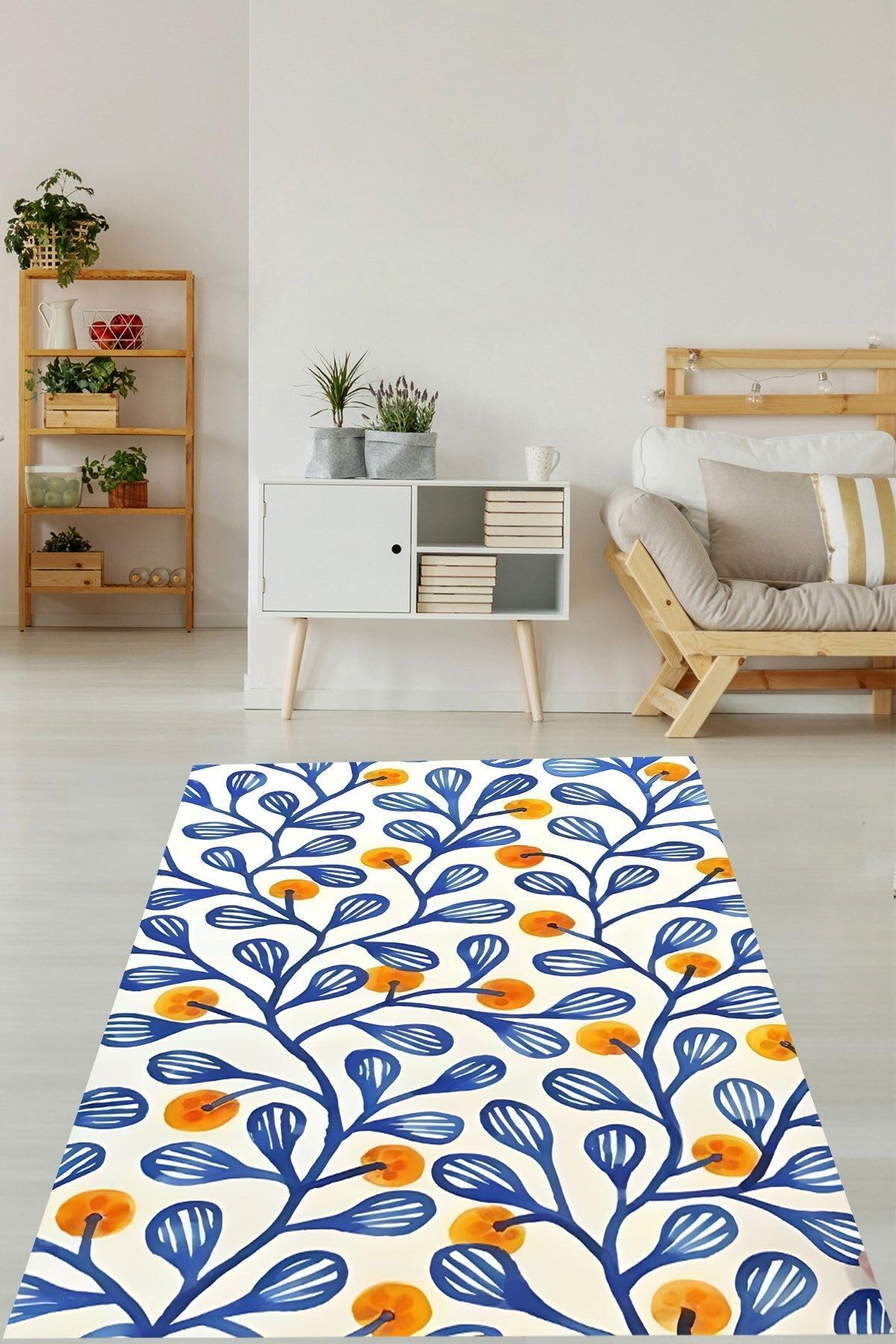 Pelangi Sarmaşık Yapraklı Yemişli Bitki Desen Yıkanabilir Kaymaz Taban Leke Tutmaz Salon Halısı Yoluk, Mavi-Sarı 120 x 200