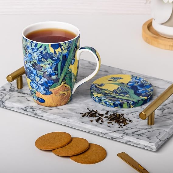 McIntosh Van Gogh Irises Fine Bone China (15 oz) Tea Mug with Lid and Infuser in Matching Gift Box