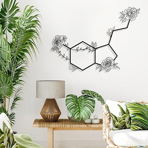 Arte de pared de metal de serotonina, molécula de serotonina con flores, arte de metal de química biológica, decoración de pared de metal, arte