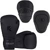 Kruzak Matte Black Boxing Gloves and Focus Mitts Set for Kickboxing, Muay Thai, MMA, Training - Fitness Kit with Punch Pad for Martial Arts, Karate Matte Black, 10oz