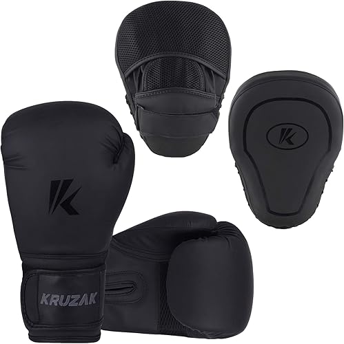 Kruzak Matte Black Boxing Gloves and Pads, Boxing Gloves Training Set for Kickboxing and Muay Thai MMA Training - Boxing Kit for Adults with