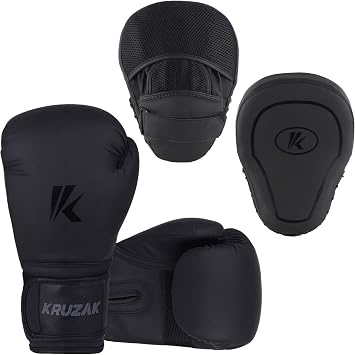Kruzak Matte Black Boxing Gloves and Focus Mitts Set for Kickboxing, Muay Thai, MMA, Training - Fitness Kit with Punch Pad for Martial Arts, Karate Matte Black, 10oz