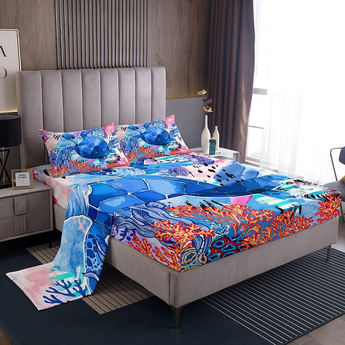 jejeloiu Sea Turtle Sheet Set Ocean Creature Themed Sheets with Deep Pocket Fitted Sheet Sea Underwater World Bed Sheets Set Bed Reptile Tortoise Blue Pink Bedding Set King Size with 2 Pillow Case