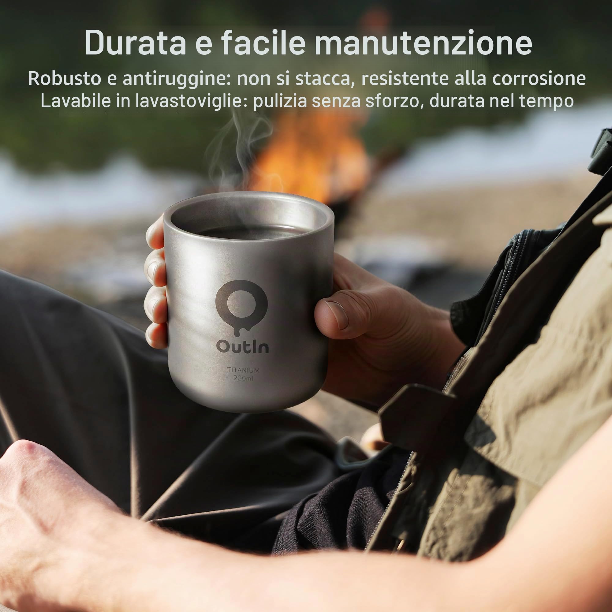 OutIn Tazza da Caffè in Titanio Ultralight, Mug da Campeggio a Doppia Parete, Titanio Puro che Preserva il Gusto, Compatibile con Macchina Espresso Nano per Trekking e Campeggio (220 ml)
