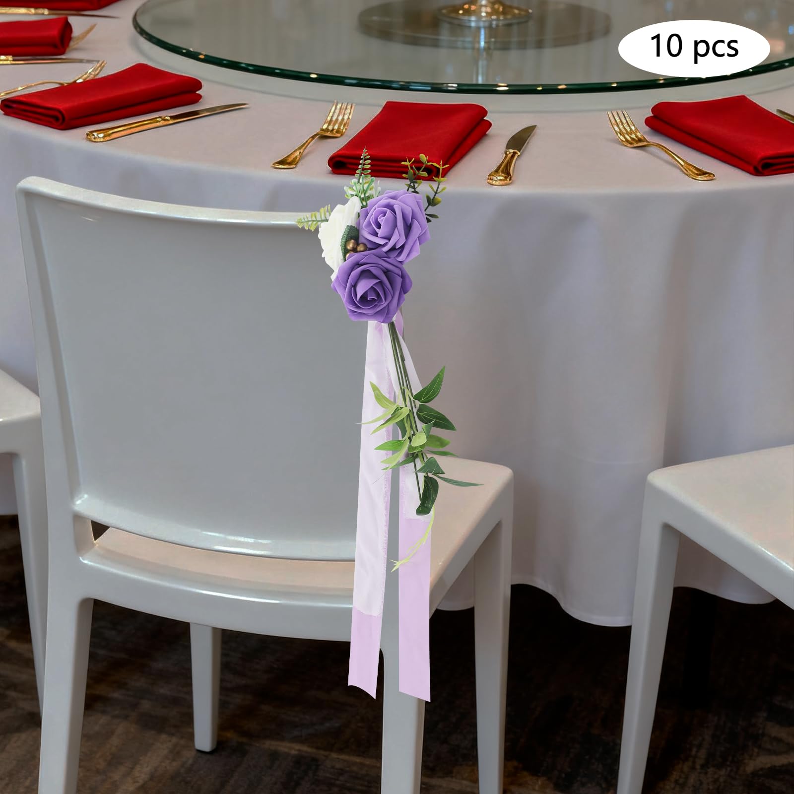 10 Stück Hochzeit Stuhl Deko Blumen Gang Dekorationen Kirche Blume für Hochzeitszeremonie Künstliche Rose Rückenlehne Blumendekoration Türgriffe (Violett)