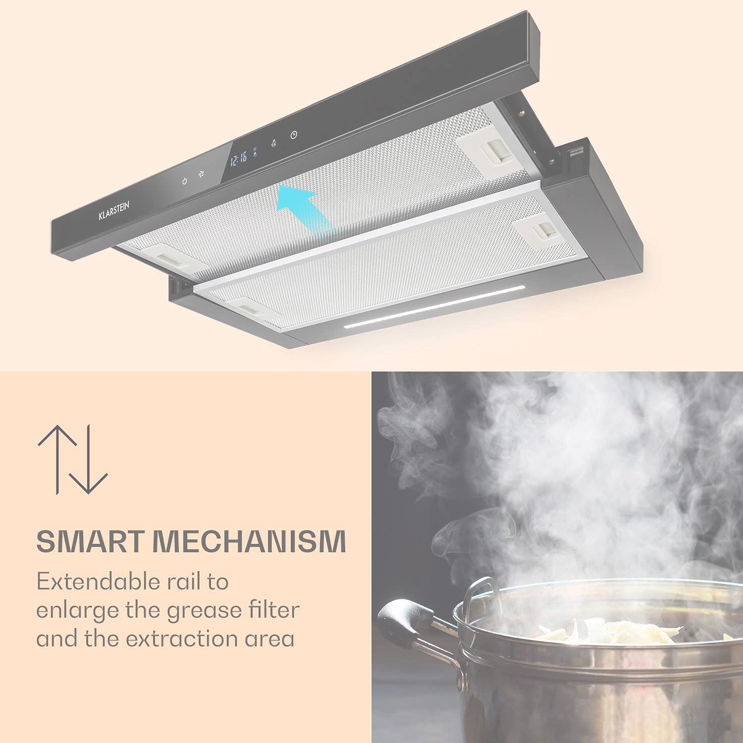 Klarstein Mariana Neo - Campana extractora encastrable, Extraíble, Caudal aire 640 m³/h, Potencia 150 W, 3 potencias, Temporizador, 2 filtros grasa, Panel táctil, Pantalla LCD, EEC A, 60 cm, Negro