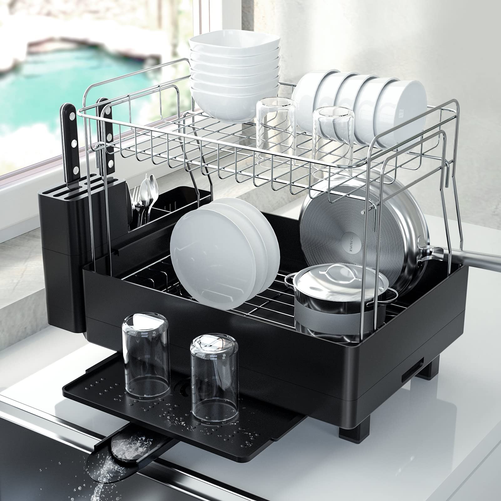 Klvied Dish Rack with Swivel Spout, 2 Tier Drying Rack for Kitchen