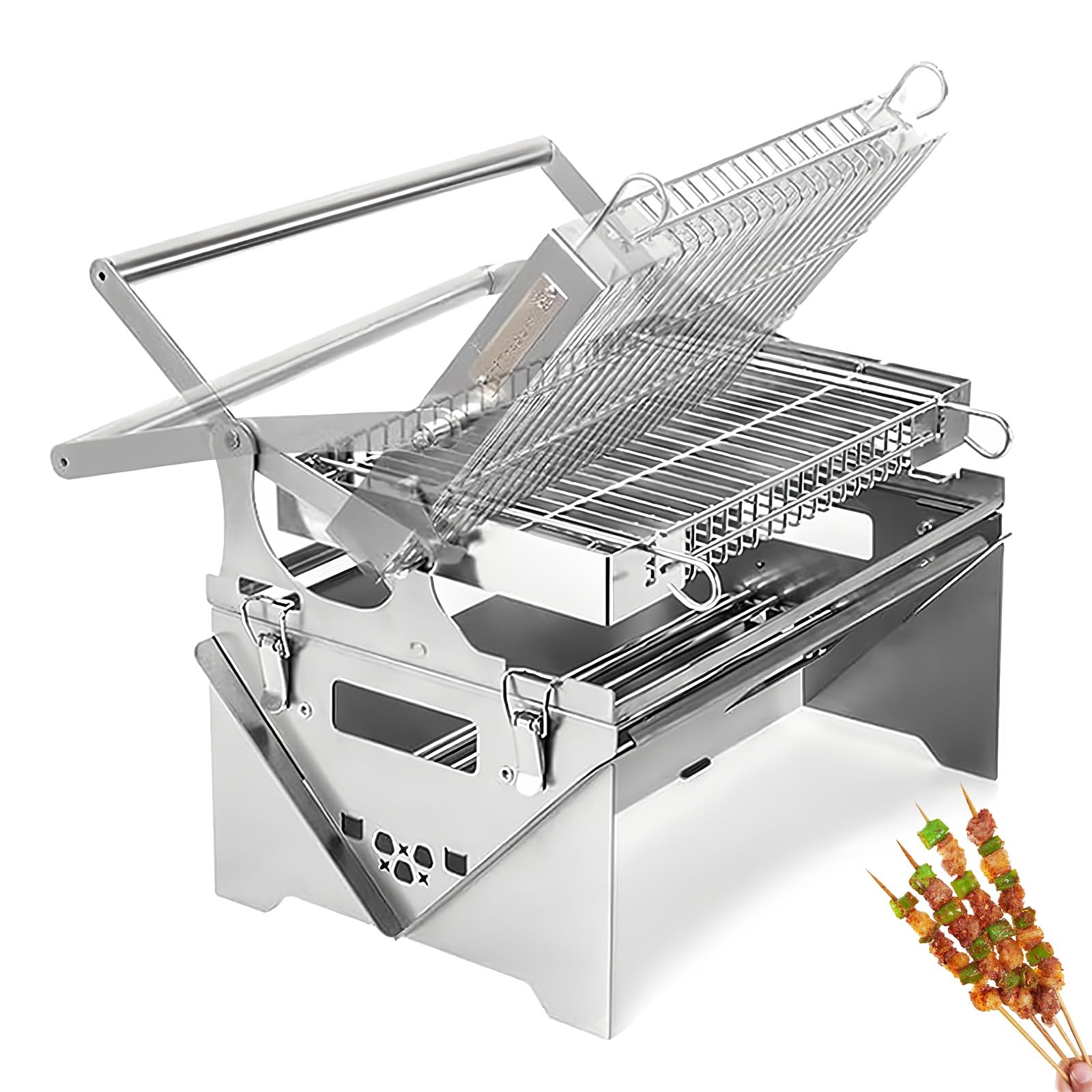 Grill na węgiel drzewny, grill ze stali nierdzewnej z odpinanym koszem, regulowane dwustronne obracanie na piknik na świeżym powietrzu, imprezy na podwórku i tylne drzwi