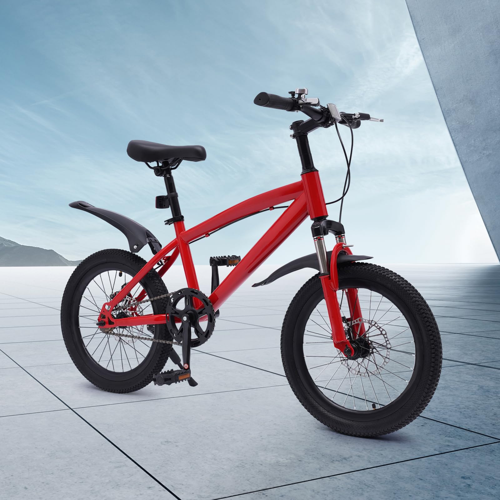 18 Pollici Mountain Bike Bici per Bambini Adatto Ragazzi Ragazze Donne Uomini Superficie PU Imbottitura Spugna Alta Acciaio al Carbonio Ruote Gomma (Rosso e Nero)
