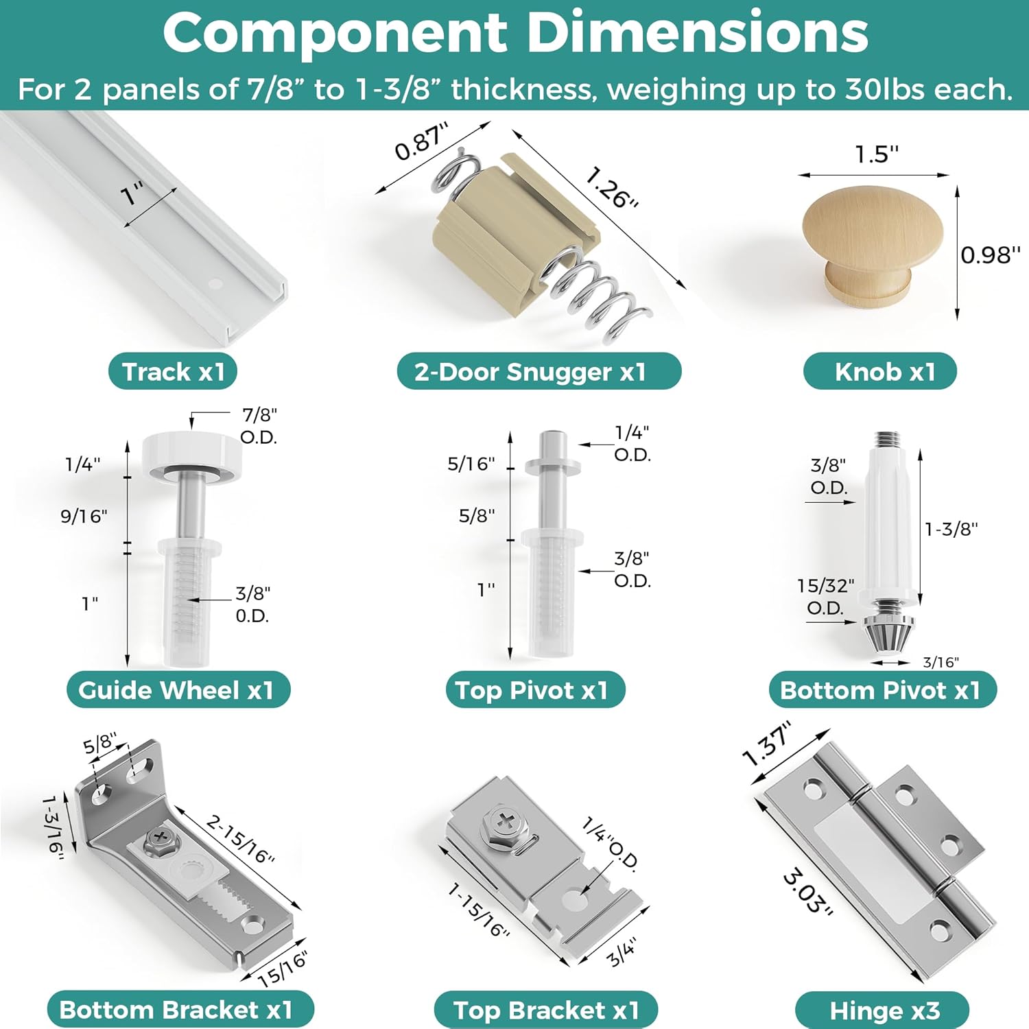 Closet Bifold Door Hardware & 36 Inch Track Kit, Folding Doors Bi-Fold Puertas Repair Replacement Kit for Bedroom Laundry, Parts with Rail Floor & Top Bracket Pivot Pin Guide Roller Hinge Knob