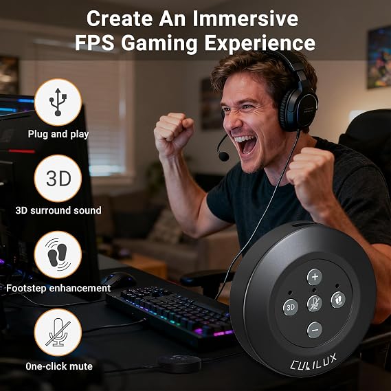Cubilux USB Gaming Sound Card for Valorant CS2 Apex, [48Khz/24bit] External Sound Card with Virtual 3D Surround, Footstep Amplifier, Mic Mute, Low Latency, Plug & Play for FPS Games on PC and Laptop