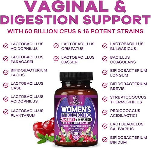 Miniatura 8 de Probióticos para mujeres 60 mil millones de UFC – 16 cepas únicas, prebióticos arándano y lactobacilo, equilibrio de pH, salud digestiva e