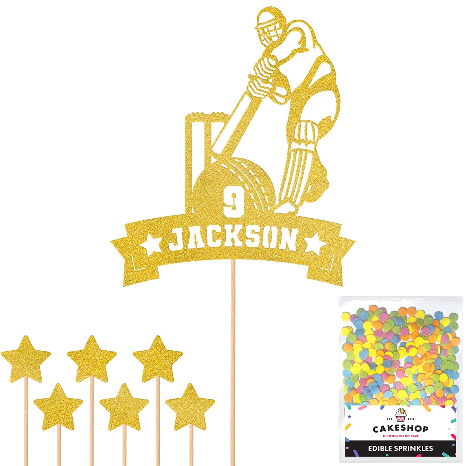 Personalised Cricket Wicket and Bat Glitter Cake Topper - Gold Any Custom Age & Name Glitter Cake Decoration and Sprinkles - Happy Birthday Decorations - Personalised Toppers for Cakes by Cakeshop โ image 1