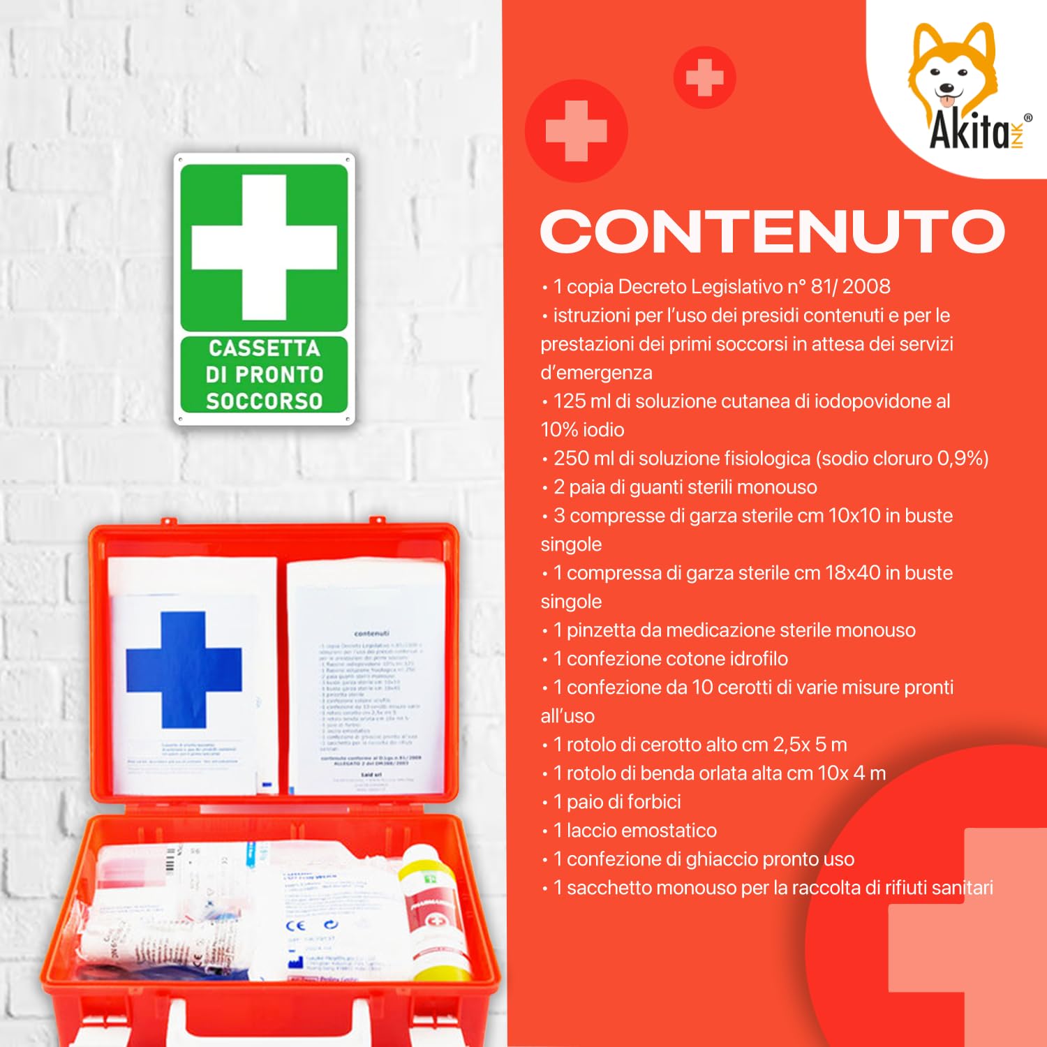 Akitaink Cassetta medica pronto soccorso con ALLEGATO 2 per aziende meno 3 dipendenti completa di staffa a muro, Conforme DM388/DL81, Made in Italy