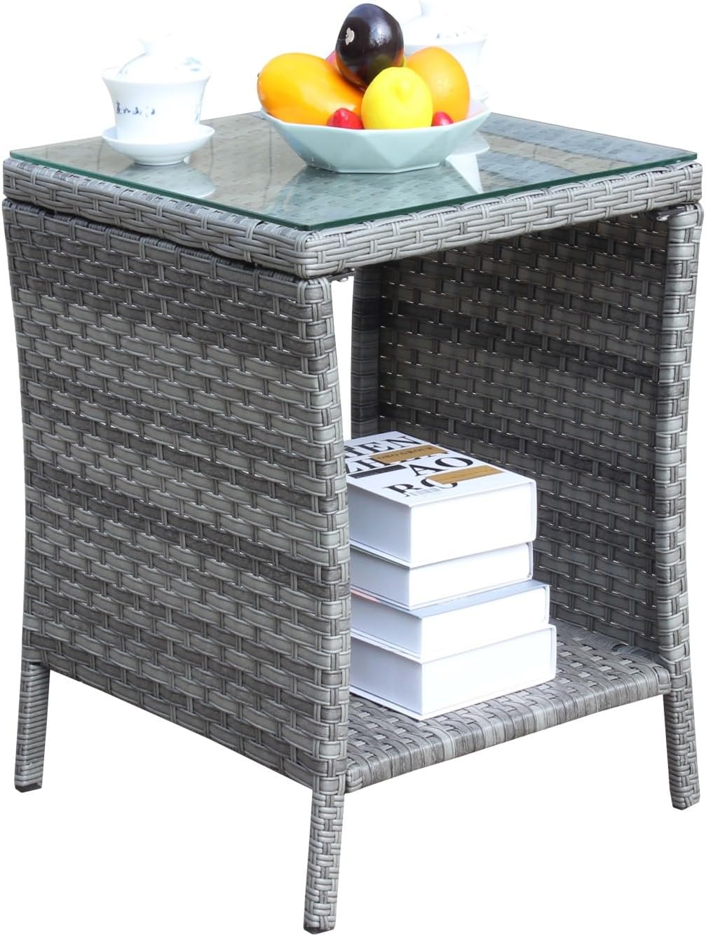 Outdoor Patio Coffee Table with Clear Tempered Glass Top - Grey Wicker Design