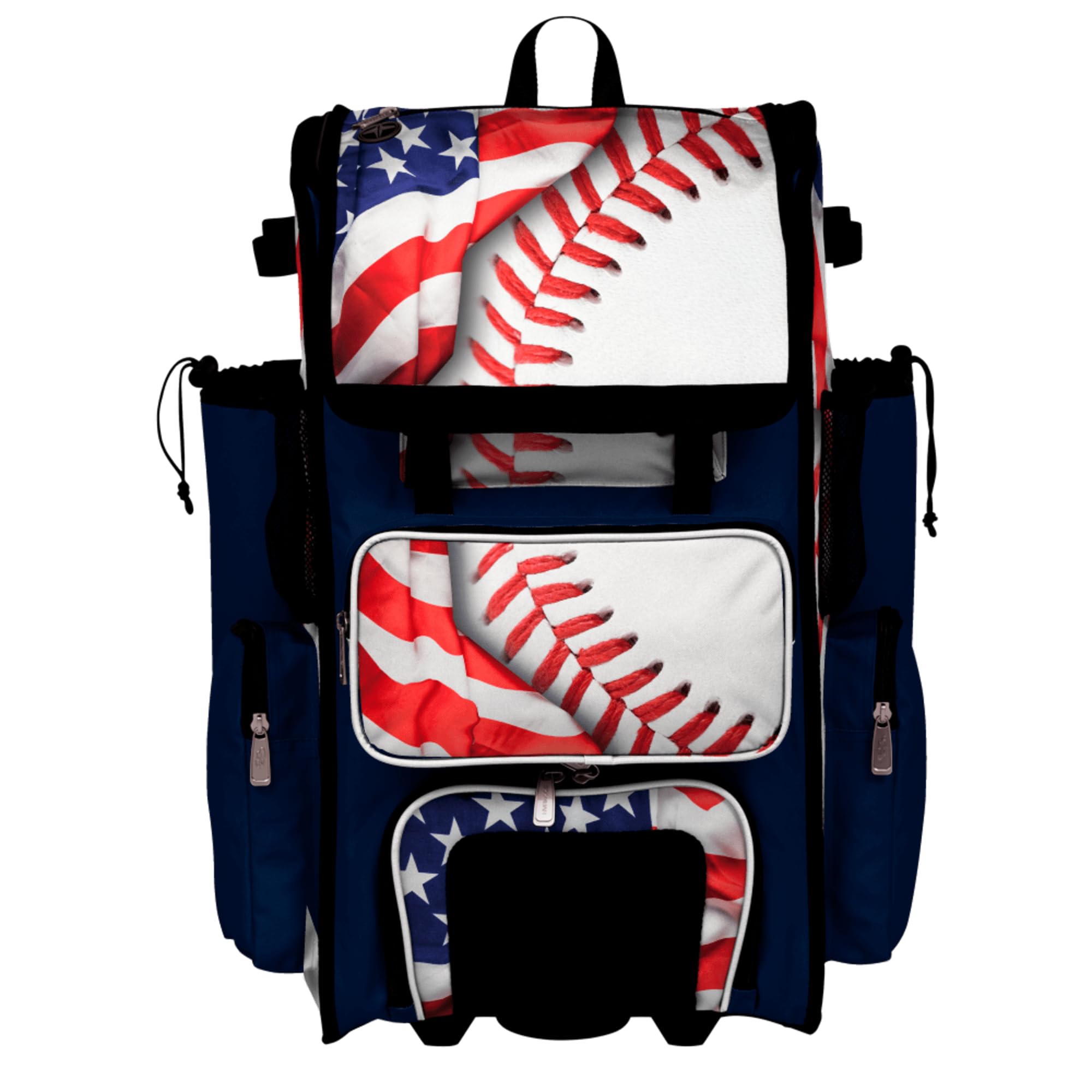 Boombah Rolling Superpack Baseball/Softball Gear Bag - Telescopic Handle - Holds 4 Bats - Wheeled Version - USA Baseball Game Time Navy/Red/White