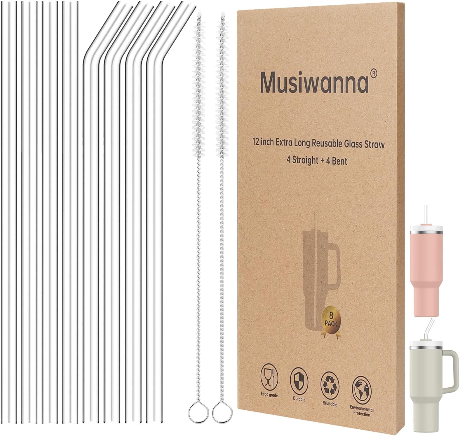 Glass Straws for Stanley Cup 40/30 oz, Pack of 8 Replacement Glass Straws Long 31 cm Diameter 1 cm with 2 Brushes, Transparent Long Straw Glass for Stanley Quencher 1.18 L/887 ml (4 Straight + 4 Bents