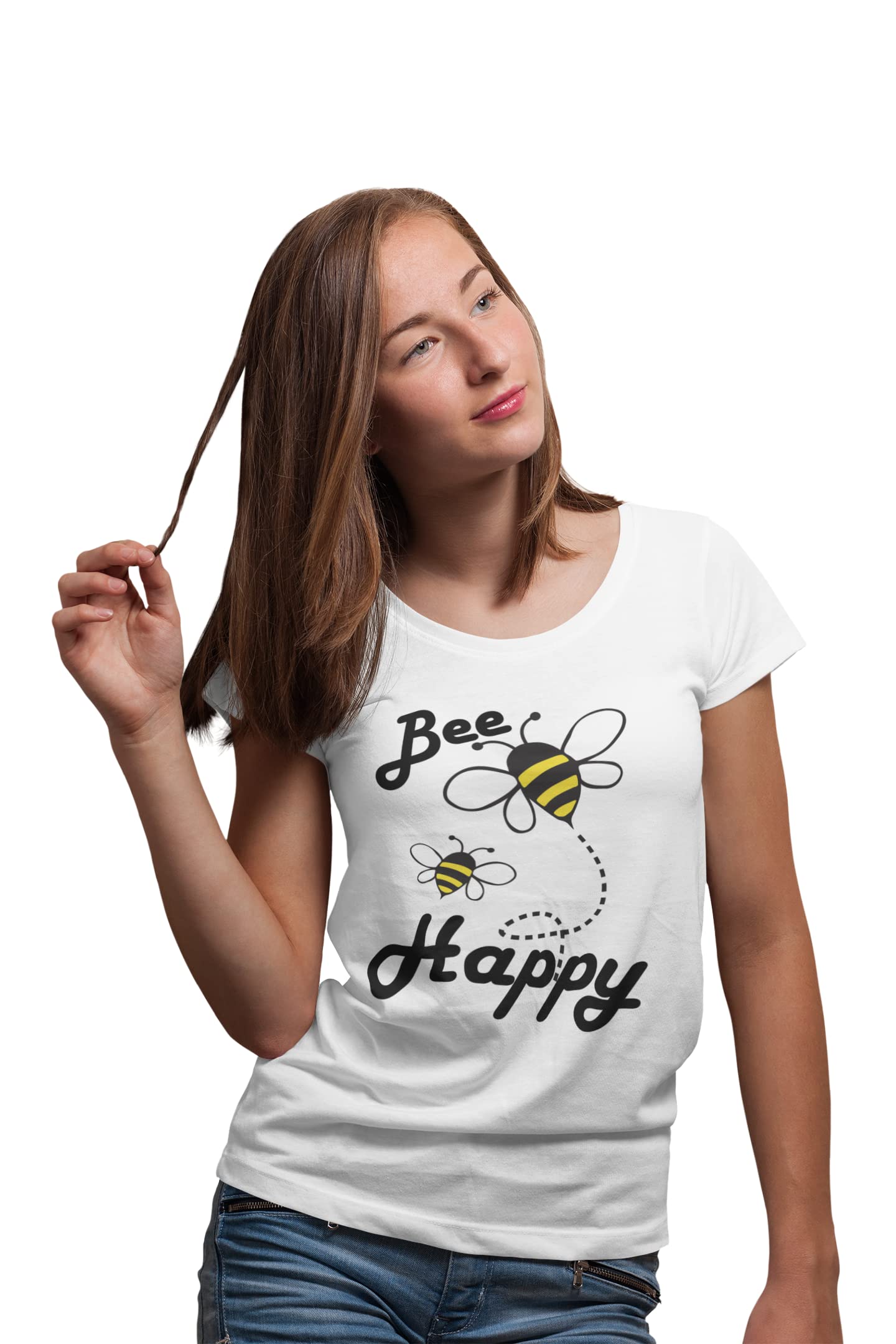Super LemonWomen's bee Happy Summer T Shirt/Tops/tees/Graphic tees/Clothing/Unisex Bumblebee Trendy Summer and Spring, White, L